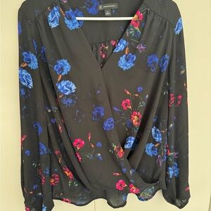 INC International Concepts Black Blouse with Blue and Pink Floral